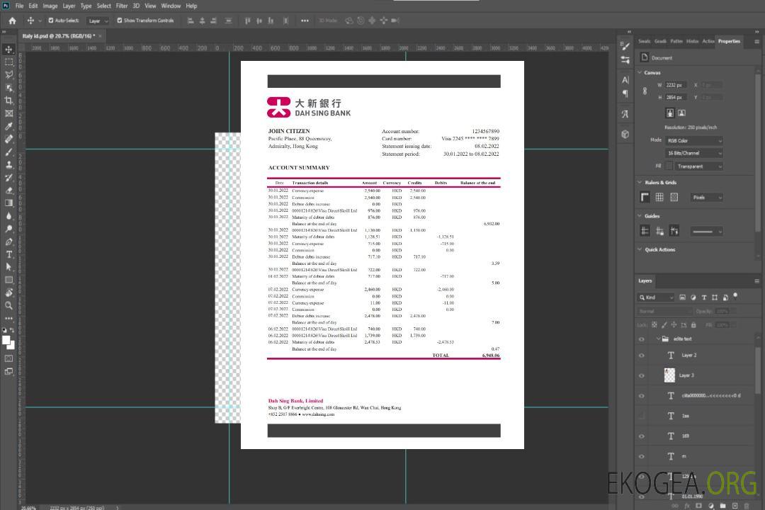 Relevé de la banque DAH Sing de Hong Kong template